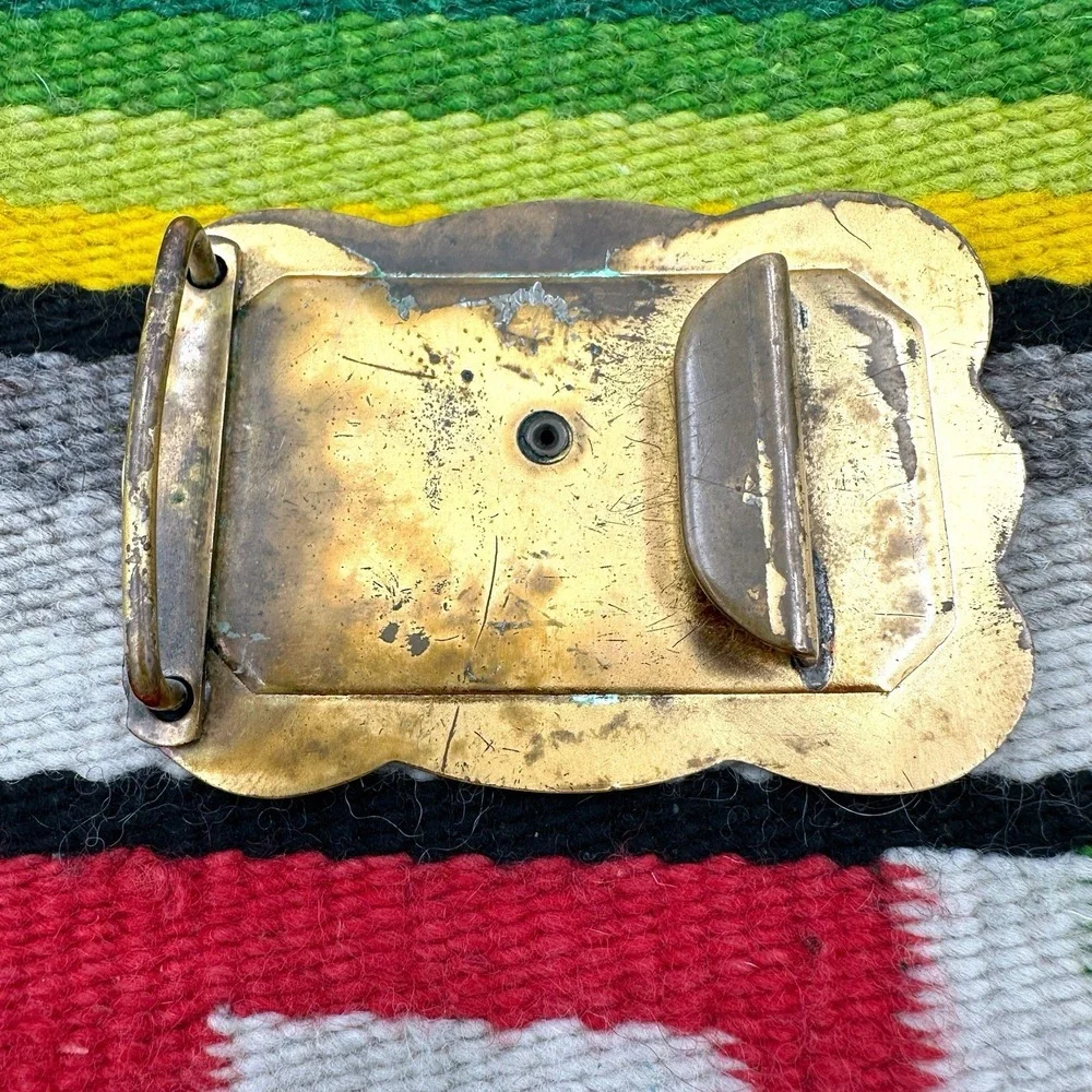 VTG 1940s Wild Horse Brass Belt Buckle Cowboy Pearloid Backing Western